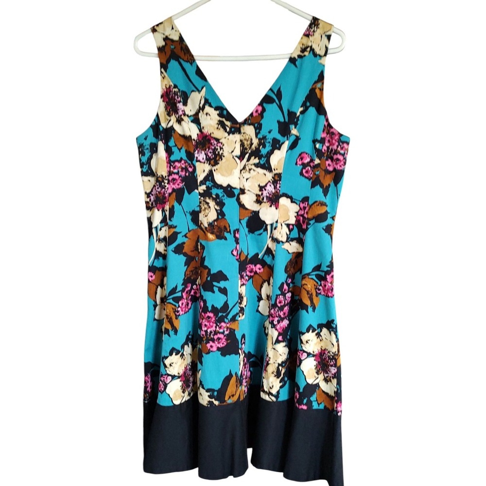 Ninen West Floral Flared Dress Sleeveless Turquoise Black Womens Size 14 NO Belt